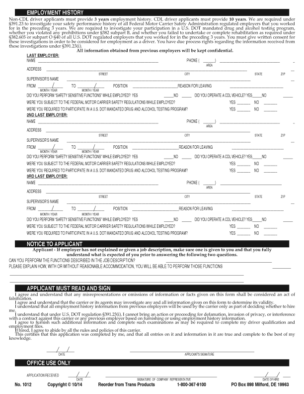 Driver Application for Employment - No. 1012