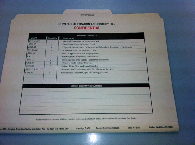 Driver’s Qualification & History File (File Folder Only) No Forms – No. 1007