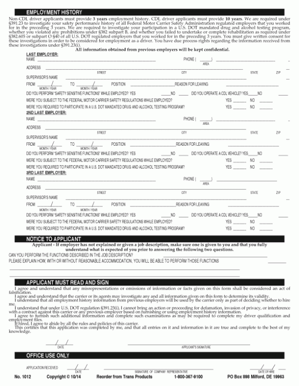 Driver's Employment Application back