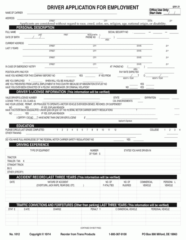 Driver's Employment Application