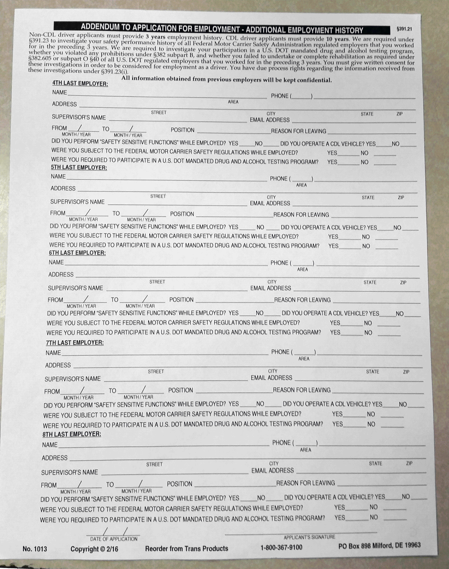 Addendum To Driver’s Application For Employment -Additional Employment History – No. 1013