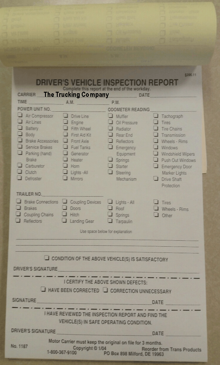 Imprinted Vehicle Inspection Report – Book Style – No. 1187B