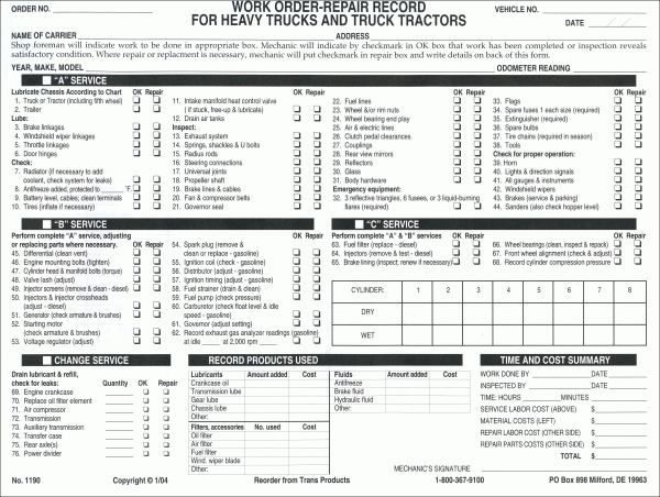 Work Order Repair Record for Trucks or Tractors