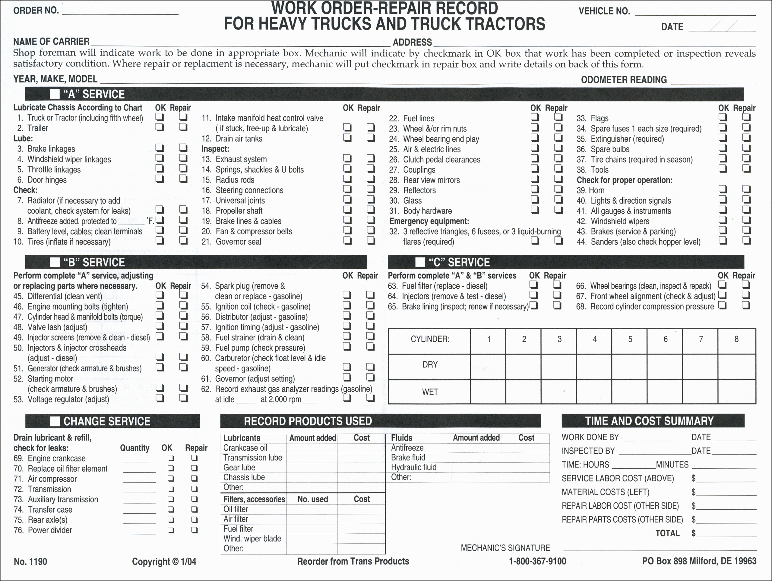 Work Order Repair Record for Truck or Tractor – No. 1190