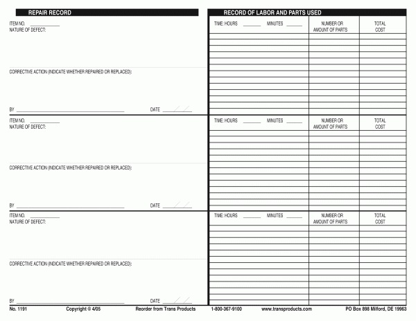 Work Order Repair Record - Trailers back