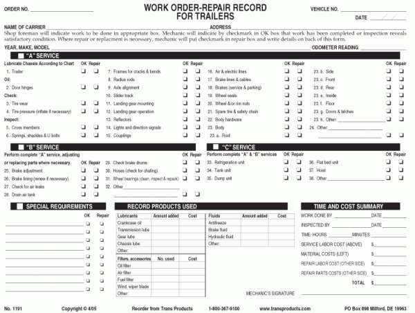 Work Order Repair Record For Trailers