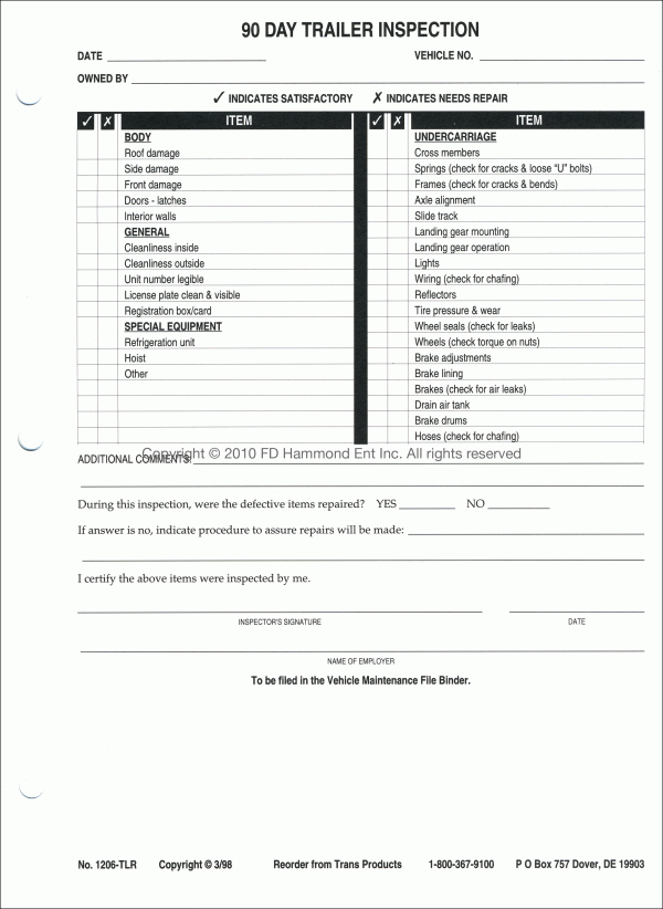 90 Day Trailer Inspection Sheets