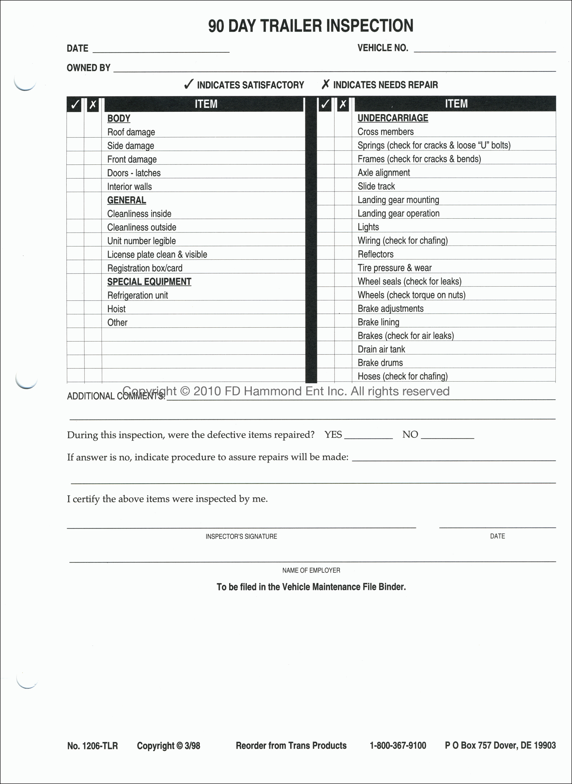 90-Day Trailer Inspection Sheets – No. 1206-TLR