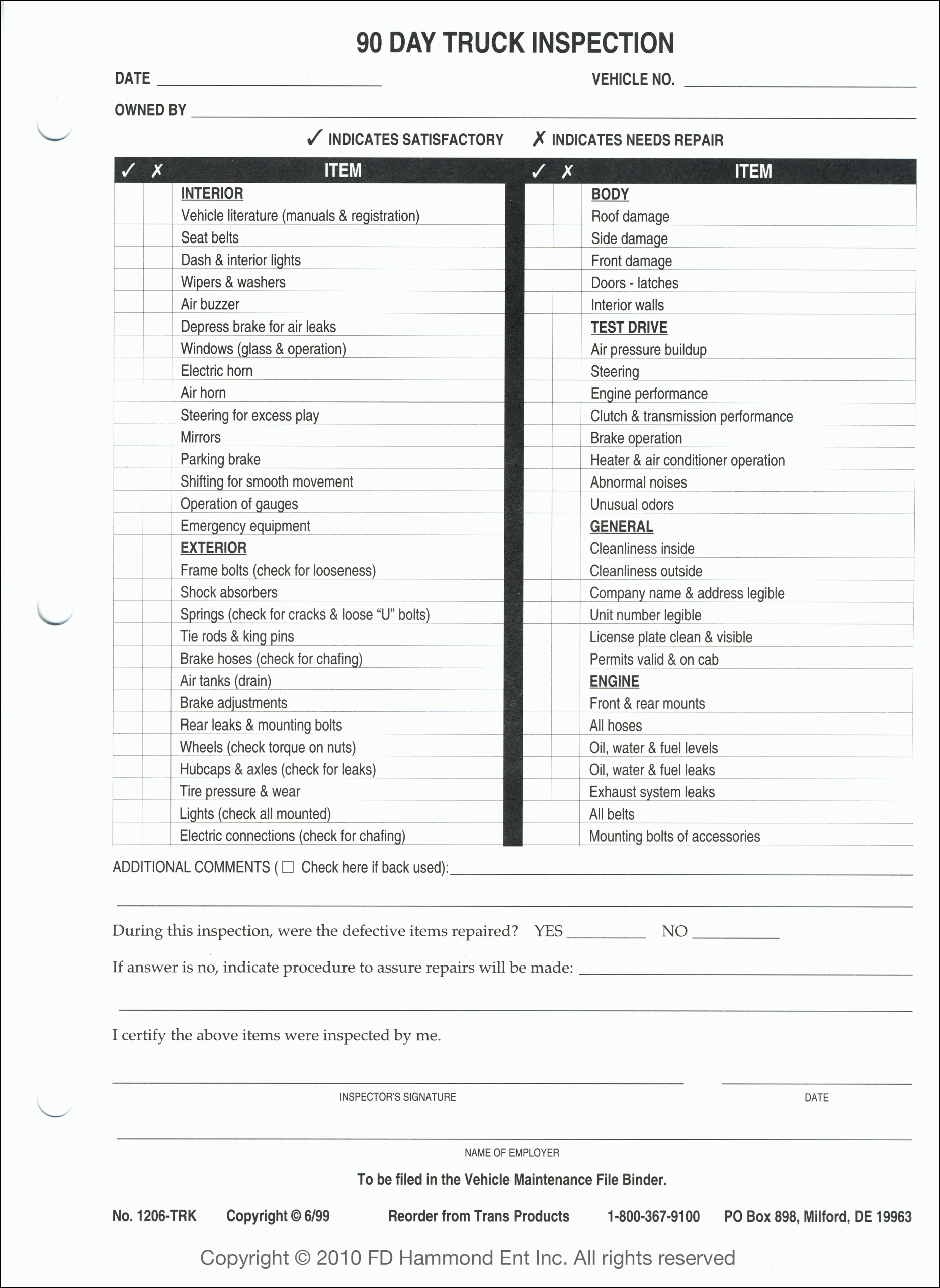 90-Day Truck Inspection Sheets – No. 1206-TRK