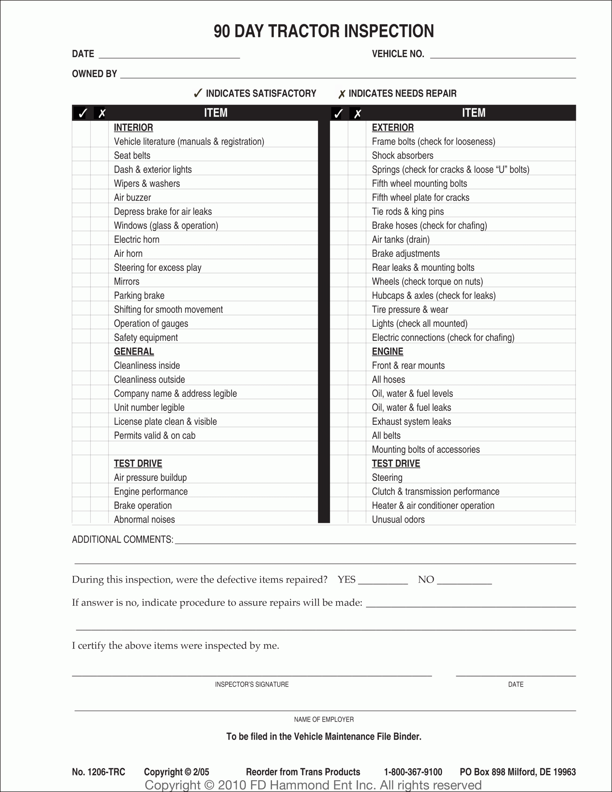 90 Day Inspection Sheets – No. 1206-TRC (Tractor)