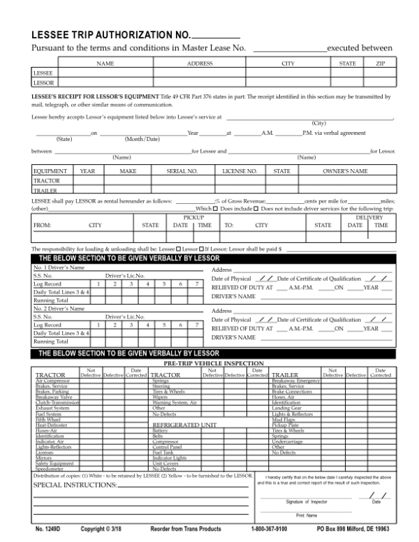 Lessee Trip Authorization - No. 1249D