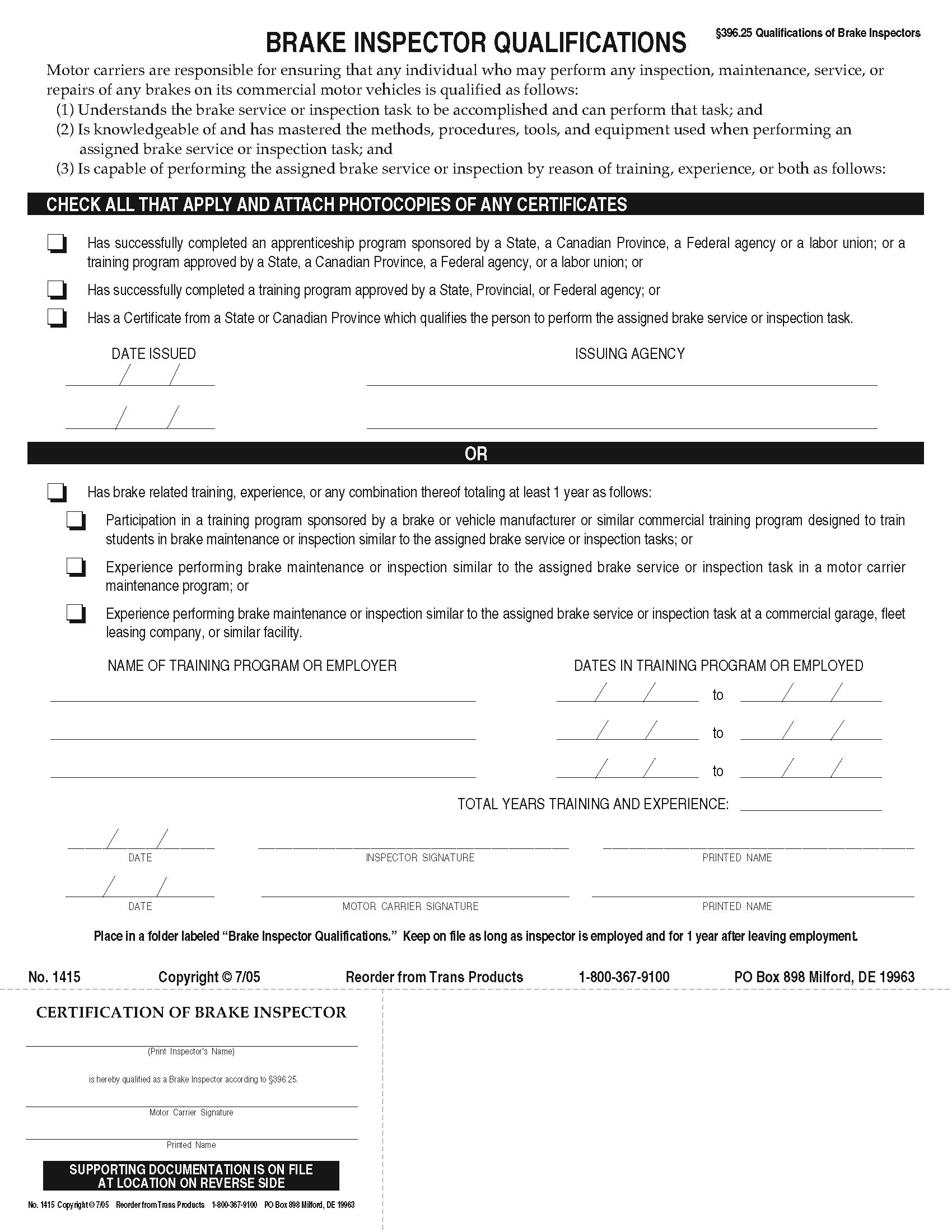 Brake Inspector Qualification Form and Card Combo – No. 1415