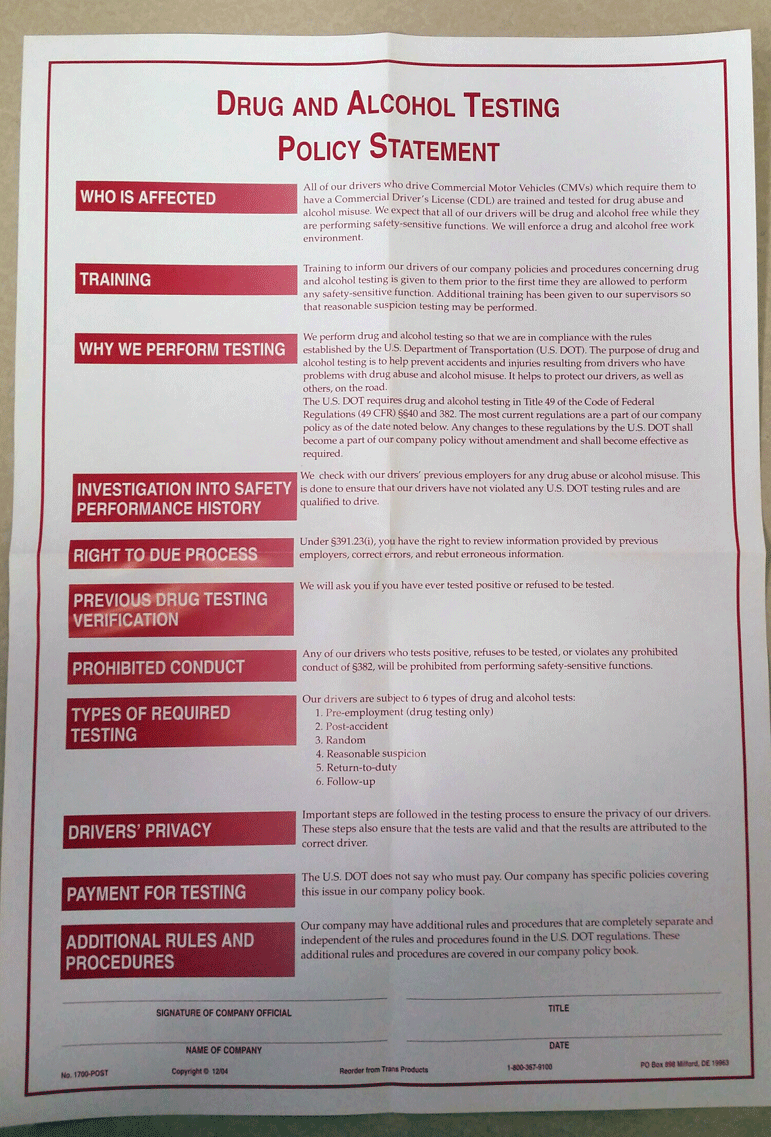 Drug and Alcohol Policy Statement Poster