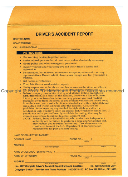 Driver’s Preliminary Accident Report Form & Envelope – No. 1207