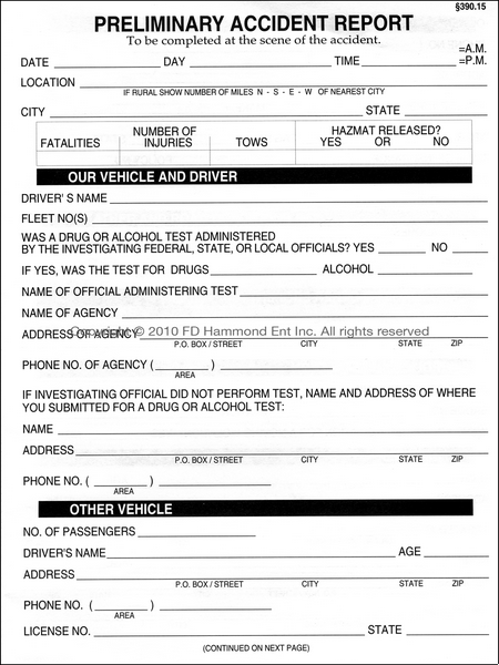 Driver’s Preliminary Accident Report Form Only – No. 1209