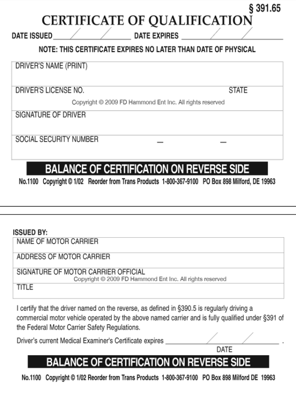 This Certificate of Qualification car is index card material