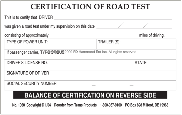 Certification of Road Test front of certificate