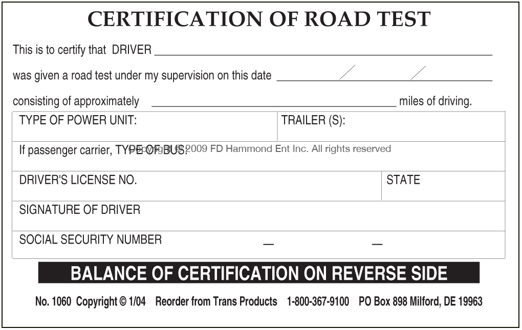 Certification of Road Test – No. 1060