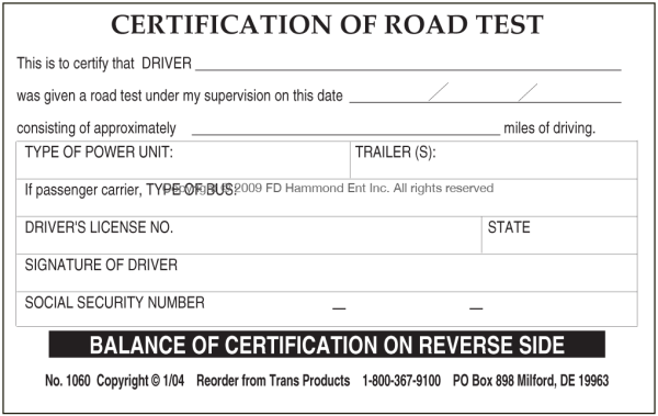 Certification of Road Test second side