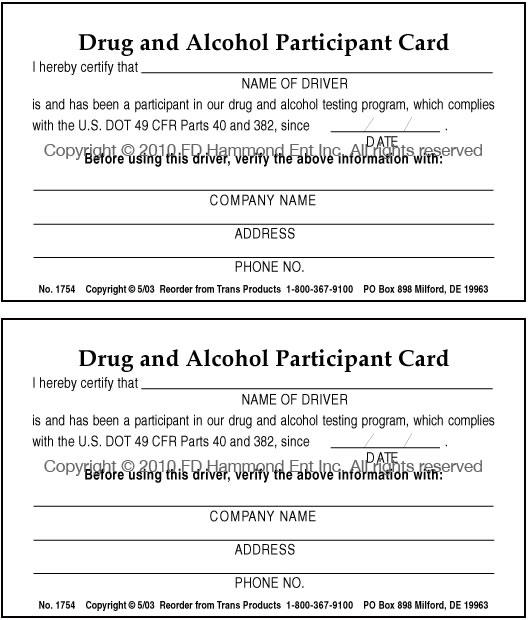 Double Sided Drug & Alcohol Participant Card