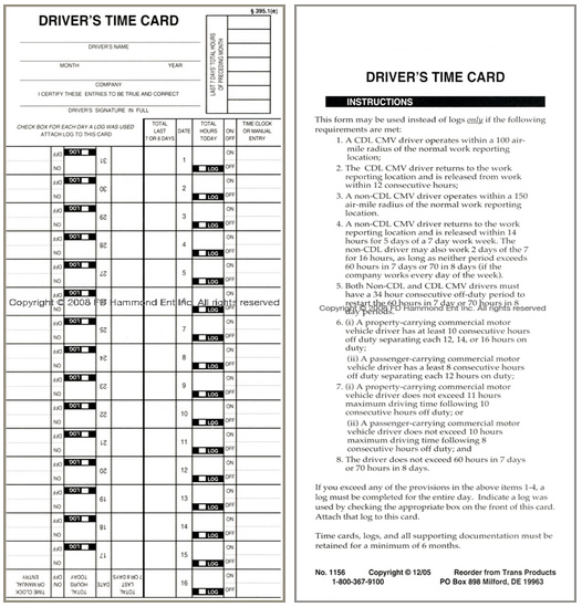 Driver’s Time Card – No. 1156