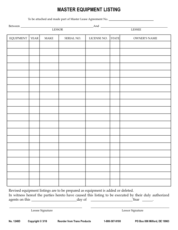 Master Equipment Listing – No. 1248D – Not Downloadable to Mobile Devices. See Below for Availability.