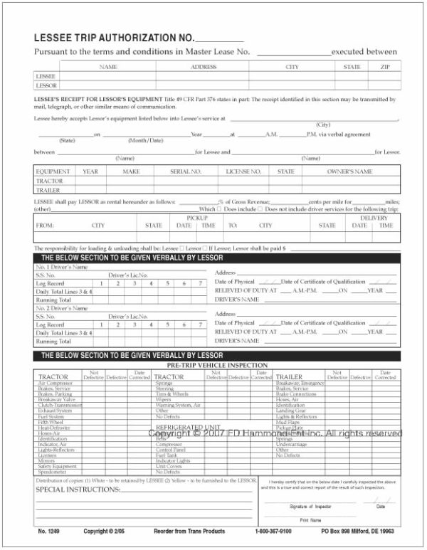 Master Lease Agreement - Step 3 - The Leesee Trip Agreement - 2 part NCR (no carbon required)