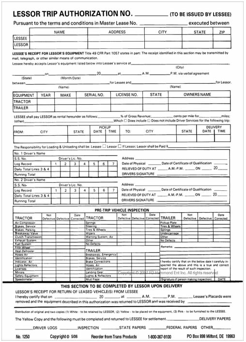 Master Lease Agreement – Step 4 – Complete The Lessor Trip Authorization – No. 1250