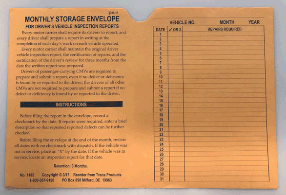 Monthly Storage Envelope for Inspection Reports – No. 1185