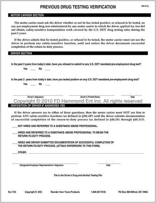 Previous Drug Testing Verification – No. 1743