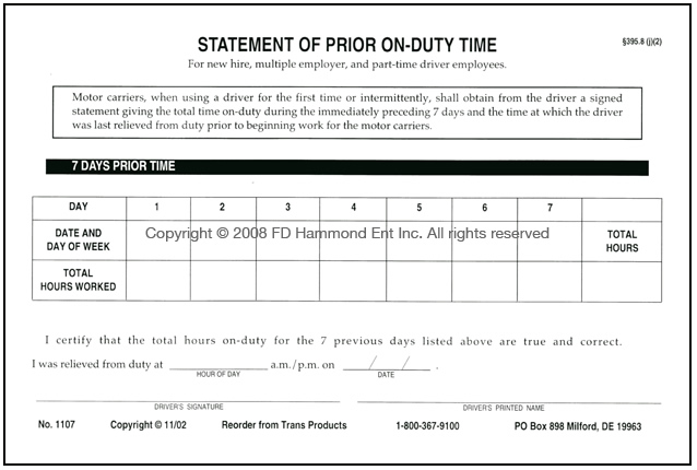 Statement of Prior On-Duty Time – No. 1107