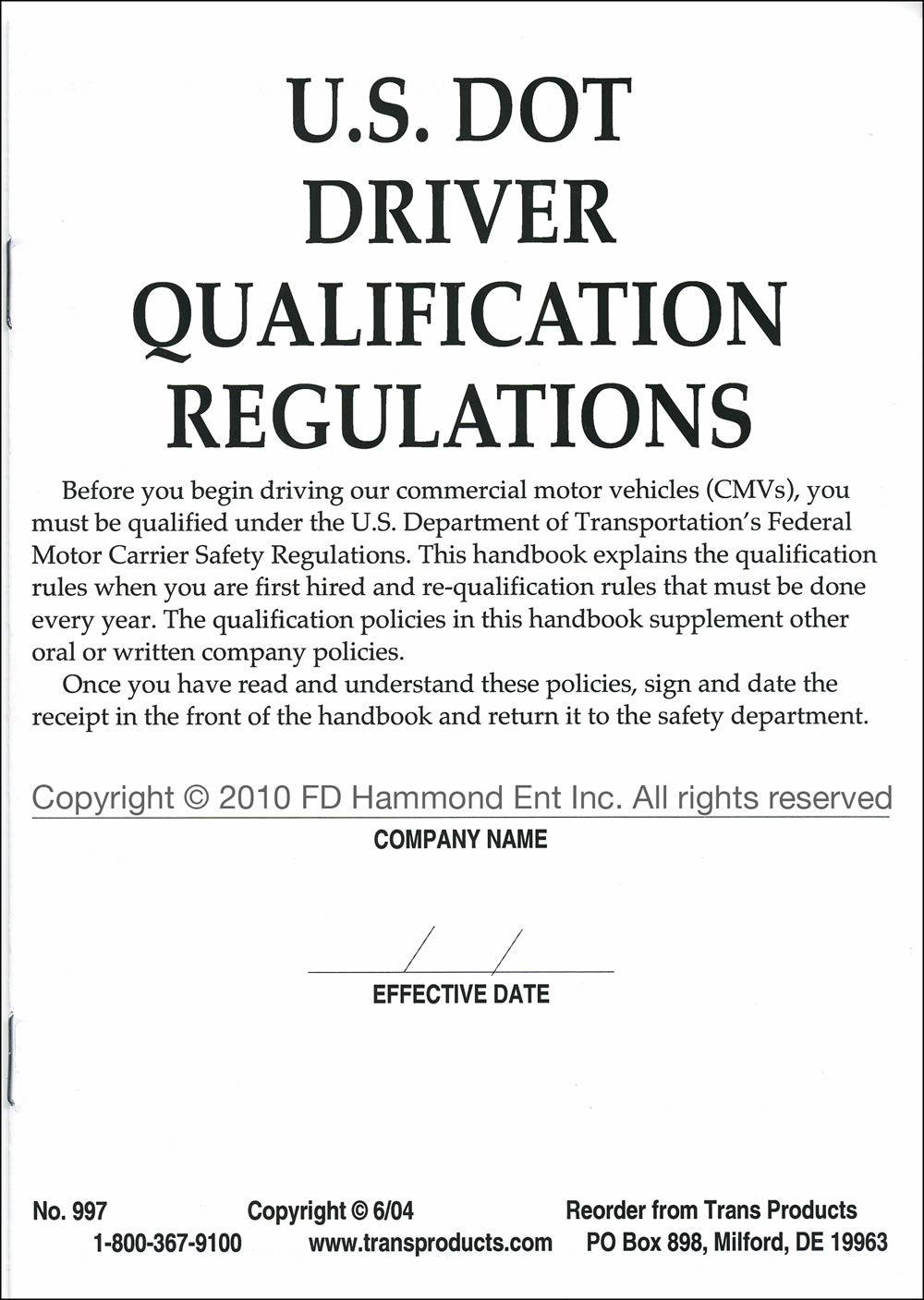 U.S. DOT Driver Qualification Regulations – No. 997